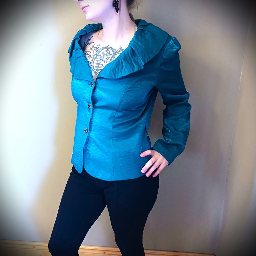 NWT Couture Style CHARTISE Melanie Lynne Ruffled fringe teal top blazer Sz 14